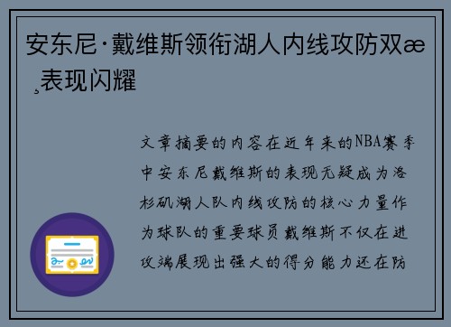 安东尼·戴维斯领衔湖人内线攻防双核表现闪耀