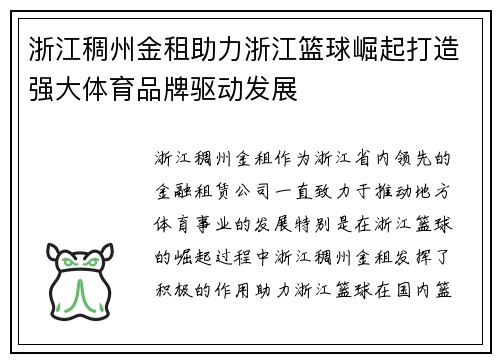 浙江稠州金租助力浙江篮球崛起打造强大体育品牌驱动发展