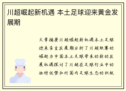 川超崛起新机遇 本土足球迎来黄金发展期