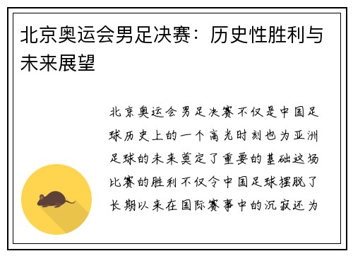 北京奥运会男足决赛：历史性胜利与未来展望